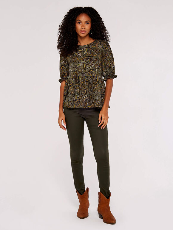Paisley Billow Sleeve Top, Khaki, large