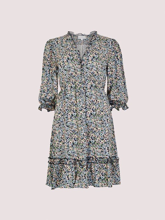 Ditsy Puff Sleeve Mini Dress, Navy, large