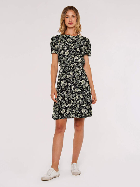 Floral Smock Waist Dress, Black, large