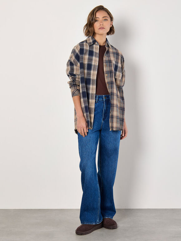 Mixed Check Oversized Shirt, Navy, large