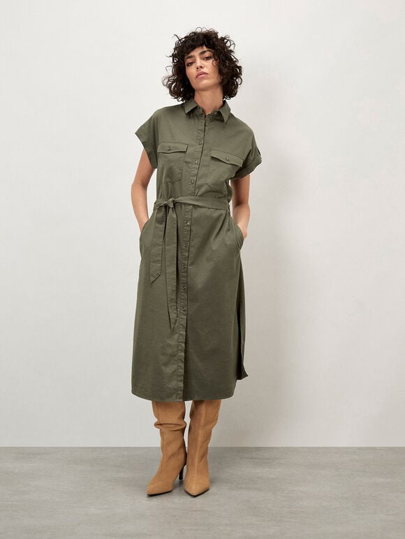 Cotton Slub Midi Shirt Dress, Khaki, large