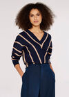 Chevron V Neck Jumper, Navy, large