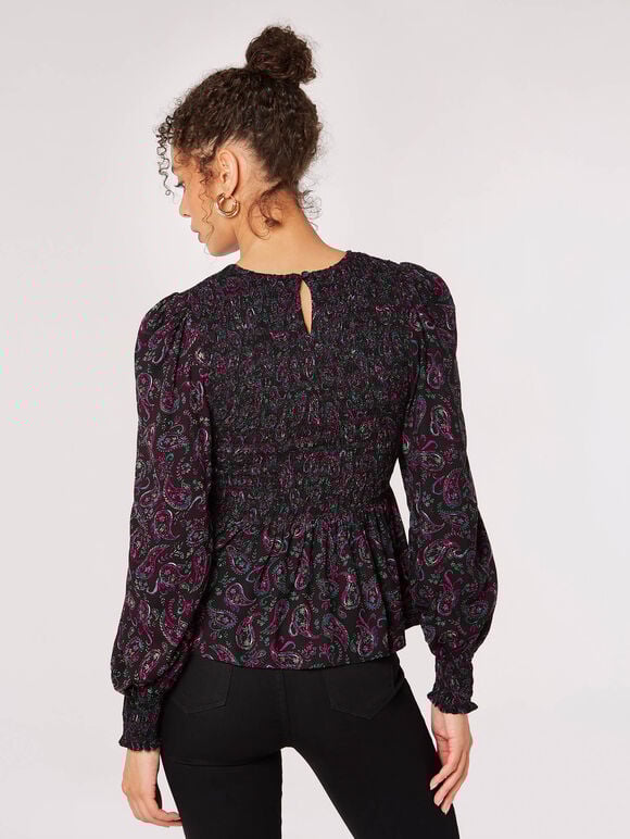 Paisley Puff Sleeve Smocked Top, Black, large