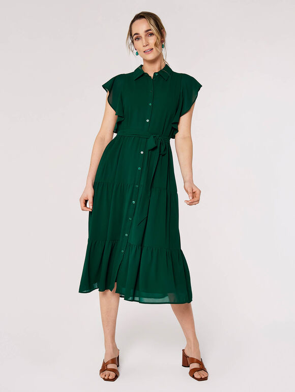 Ruffle Shirt Midi Dress, Green, large