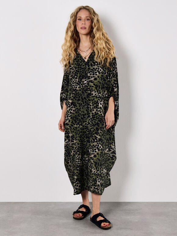Leopard Print Kimono Midi Dress, Khaki, large