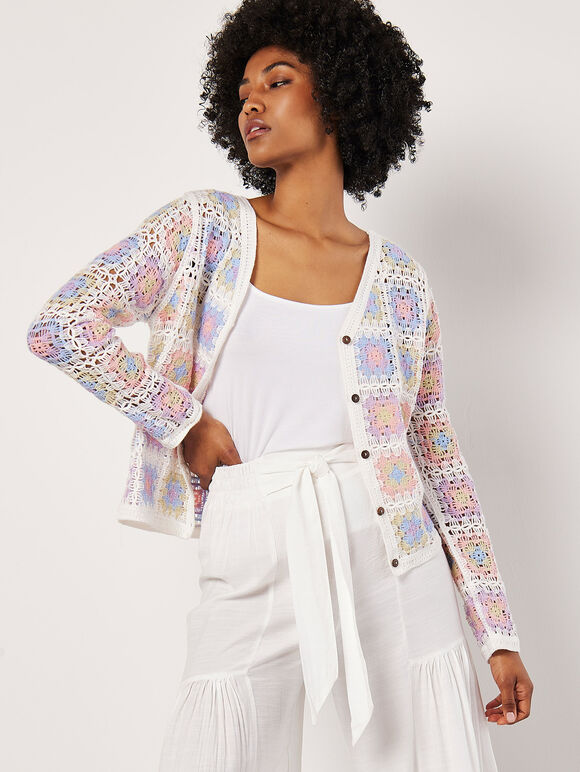 Multi Crochet Squares Cardigan, Cream, large