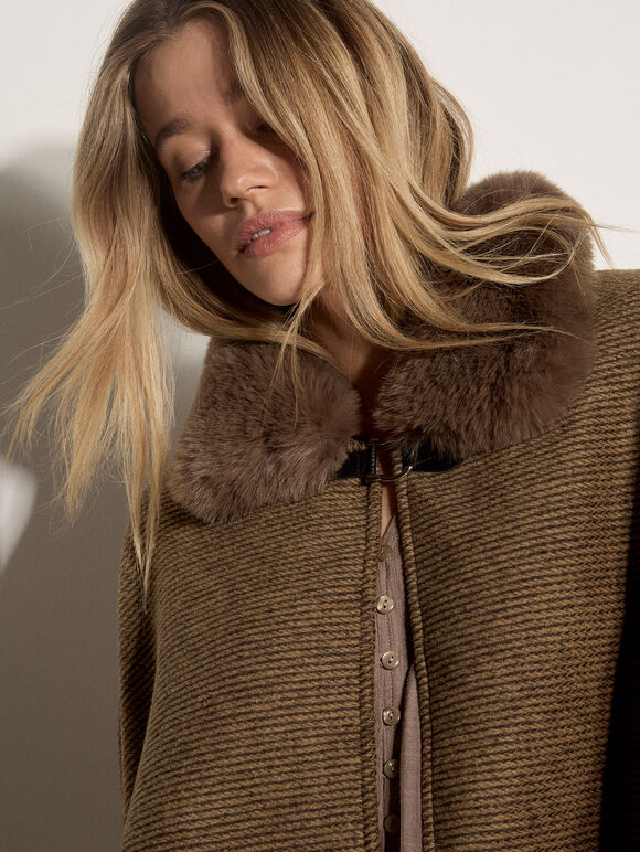 Textured Faux Fur Trim Cape, Brown, large