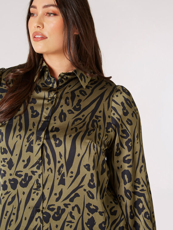 Curve Animal Print Satin Shirt, Khaki, large