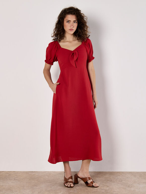 Tie Detail Milkmaid Midaxi Dress, Red, large