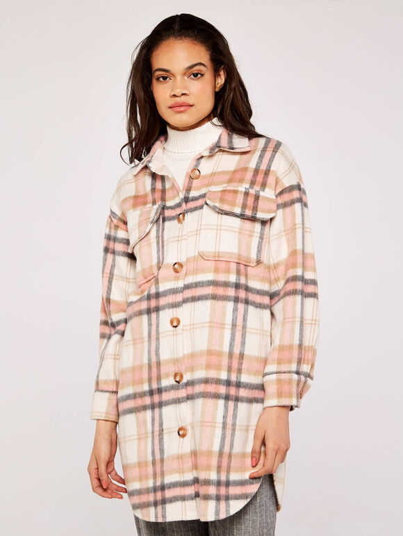  Check Longline Shacket, Peach, large