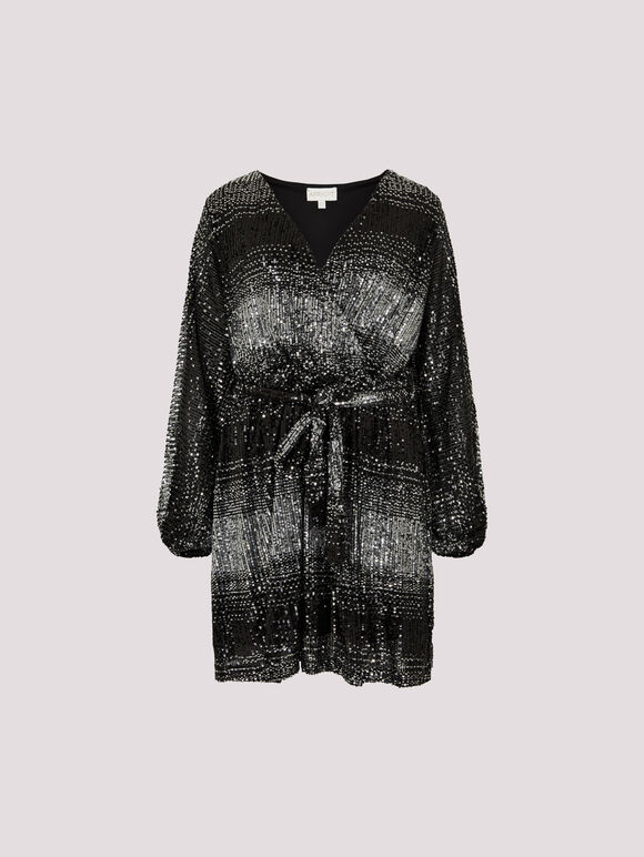 Ombre Sequin Wrap Mini Dress, Black, large