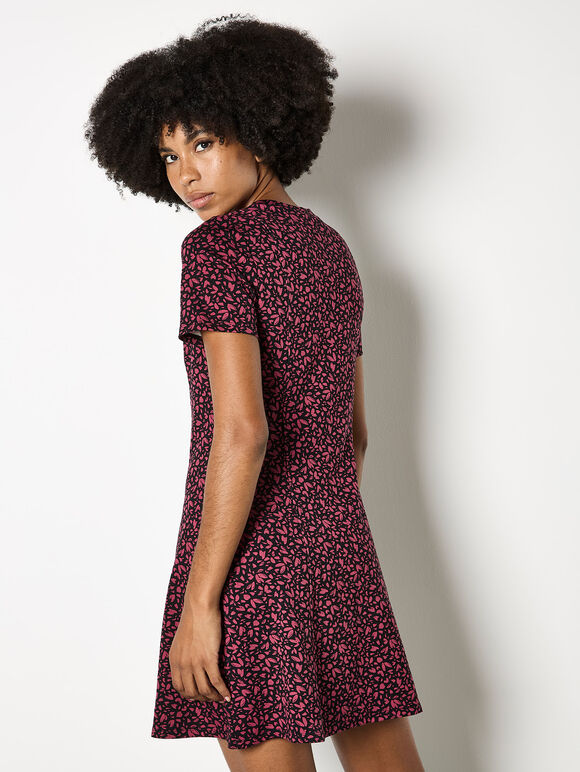 Petal Print Fit And Flare Jersey Mini Dress, Burgundy, large
