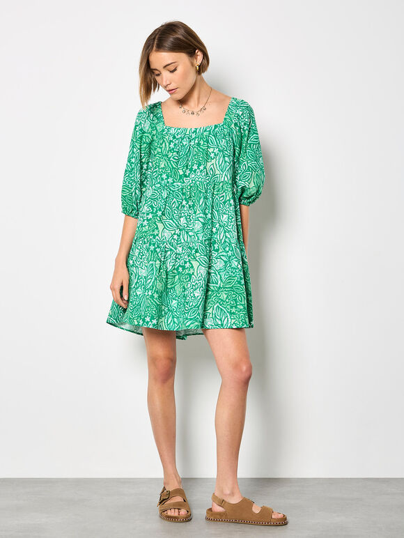 Floral Print Tiered Mini Dress, Green, large