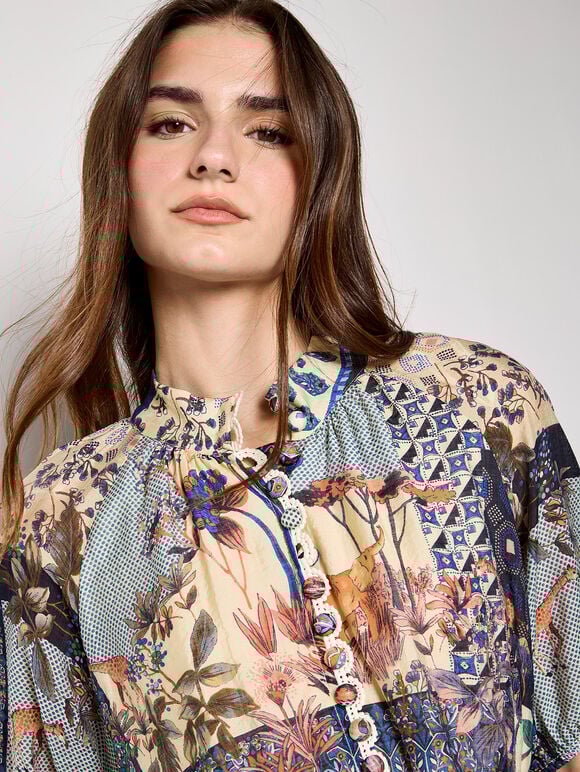 Patchwork Print Midi Dress, Navy, large