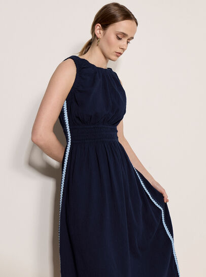 Crochet Trim Smocked Cotton Midi Dress
