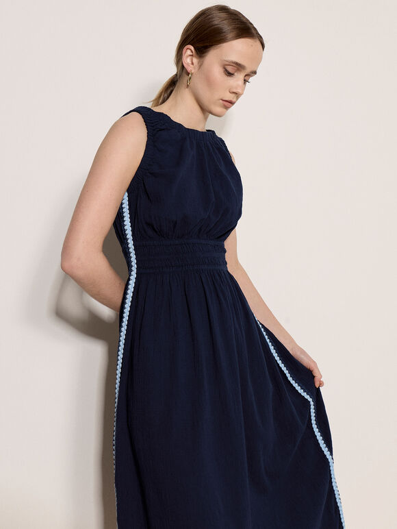 Crochet Trim Smocked Midi Dress, Navy, large