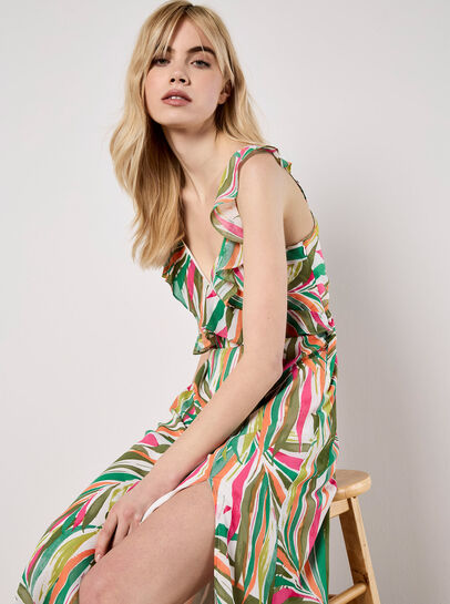 Palm Print Ruffle Midi Dress