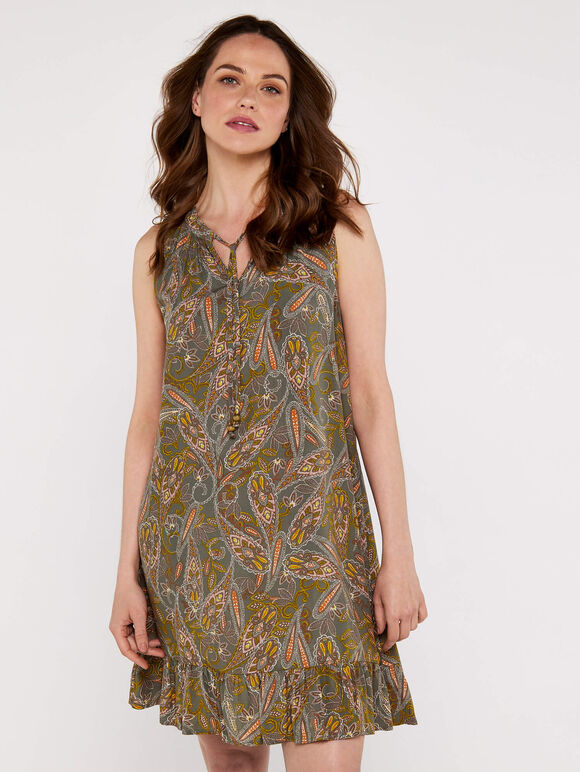 Paisley V Neck Ruffle Trim Dress, Khaki, large