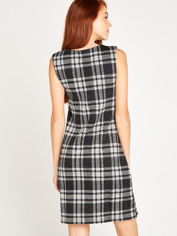 Plaid Sleeveless Shift Dress, Black, large