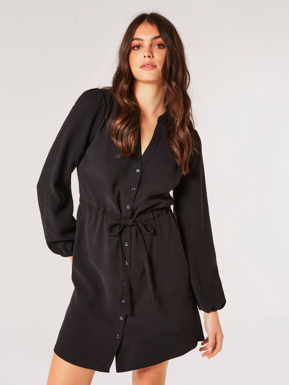 Twill Shirt Mini Dress, Black, large