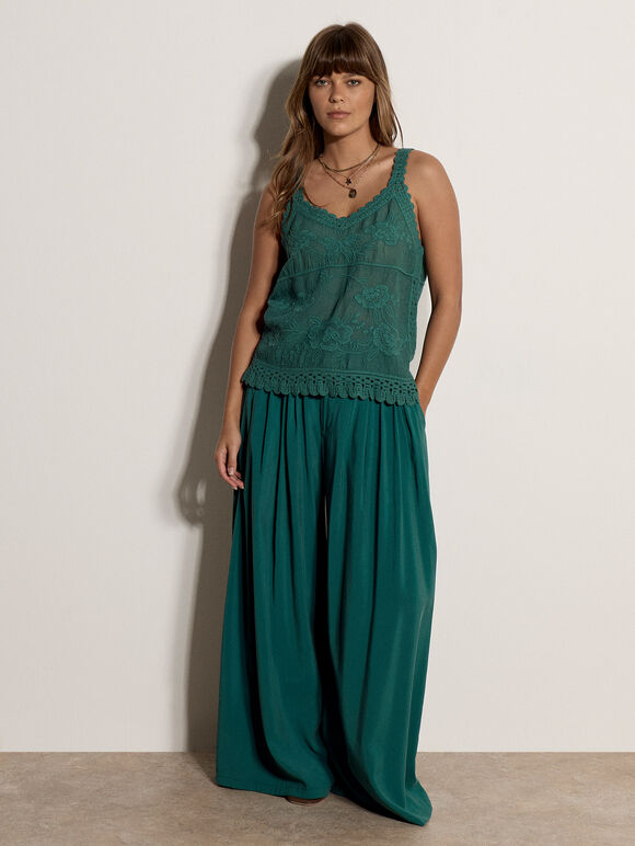 Floral Embroidery Crochet Cotton Top, Teal, large