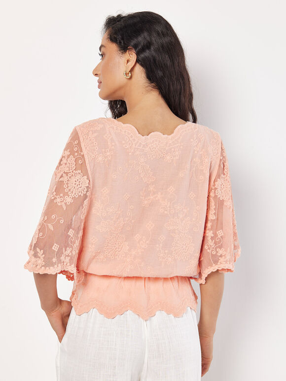 Floral Broderie Batwing Top, Coral, large