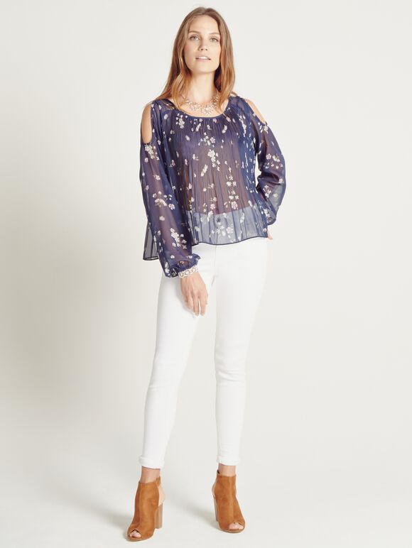 Ditsy Cold Shoulder Pleated  Blouse, Navy, large
