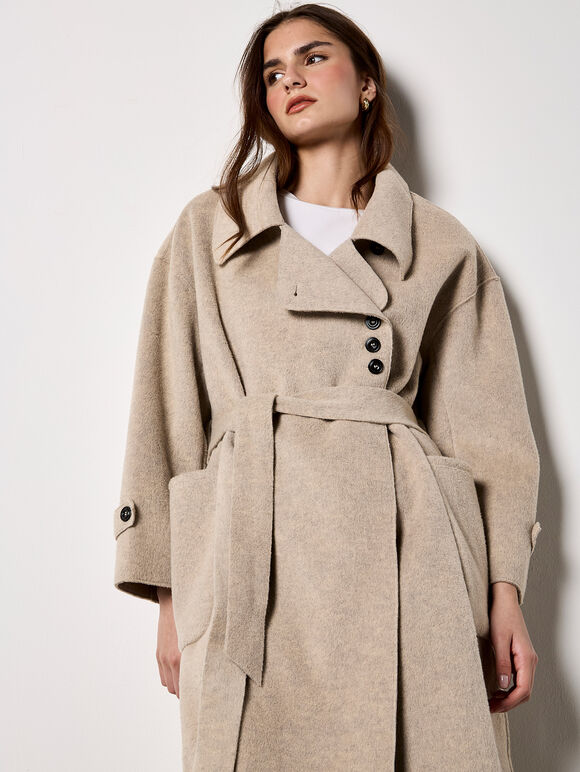 Soft-Touch Long Trench Coat, Stone, large