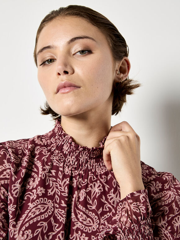 Paisley Print Chiffon Top, Burgundy, large