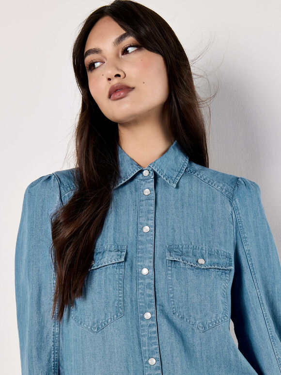 Balloon Sleeve Denim Shirt, Blue, large