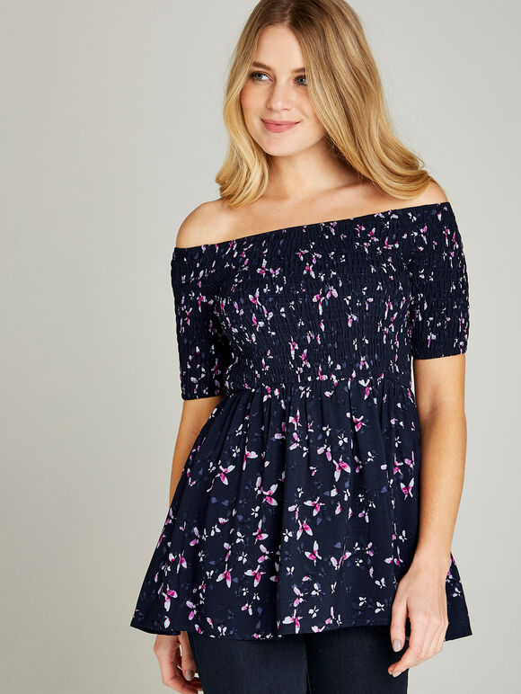 Navy Smock Butterfly Bardot Top, Navy, large