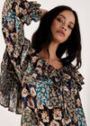 Patchwork Floral Shimmer Ruffle Blouse, Teal, large
