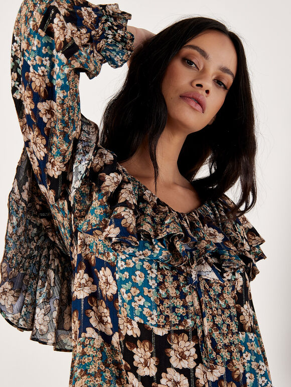 Patchwork Floral Shimmer Ruffle Blouse, Teal, large