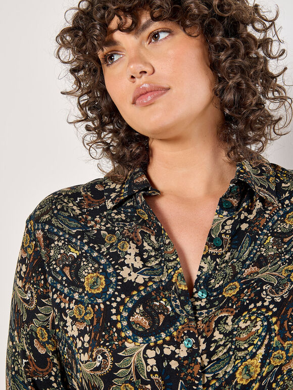 Curve Paisley Floral Shirt Midi Dress, Black, large