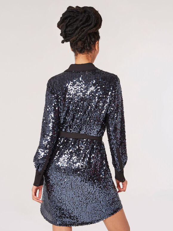 Sequin Shirt Mini Dress, Dark Grey - Charcoal, large