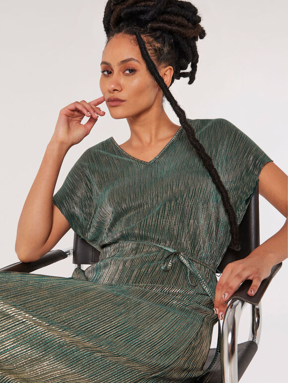 Plisse V Neck Dress, Green, large