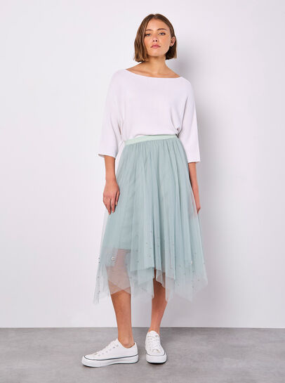 Pearl Embellished Tulle Midi Skirt