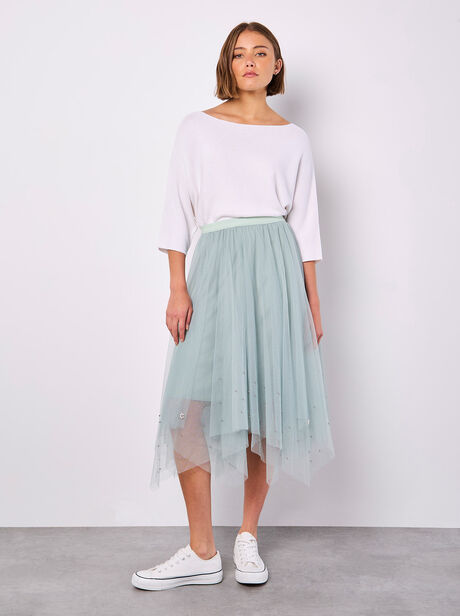 Pearl Embellished Tulle Midi Skirt
