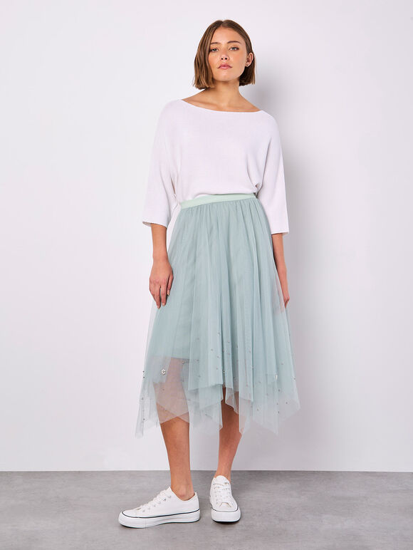 Pearl Embellished Tulle Midi Skirt, Mint, large