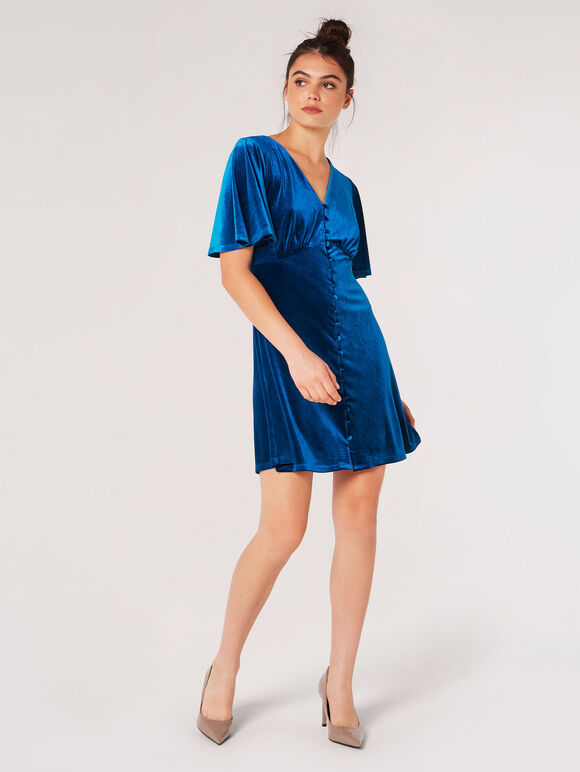 Angel Sleeve Velvet Dress, Blue, large