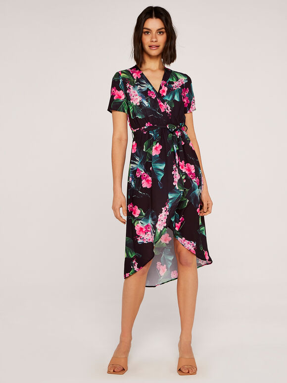 Tropical Wrap Dress, Black, large