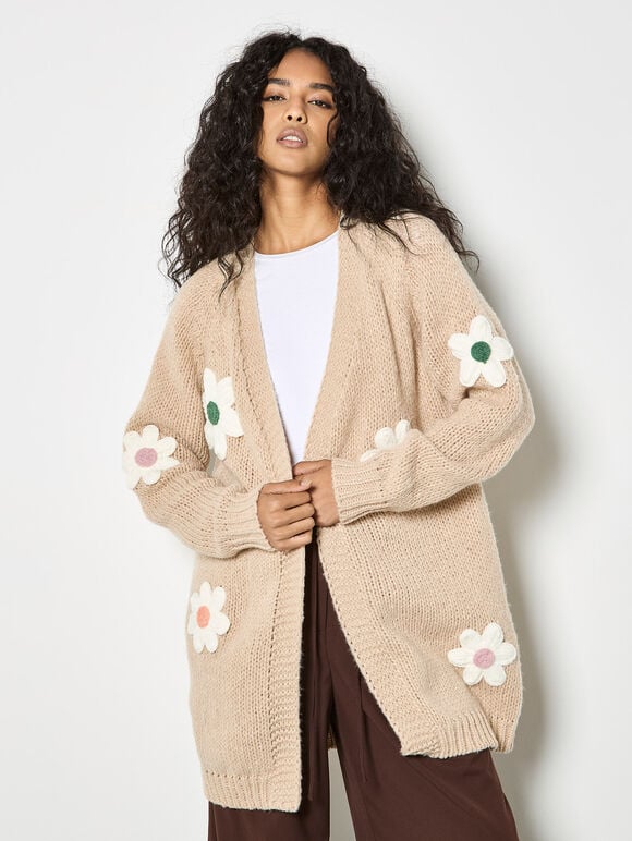 3D Daisy Chunky Knit Cardigan, Stone, large