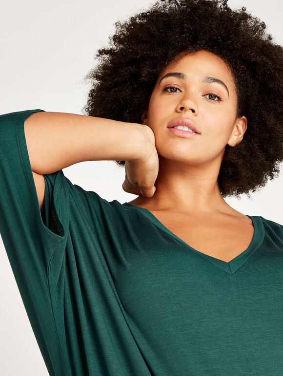 V-Neck Gathered Waistband Top+, Green, large