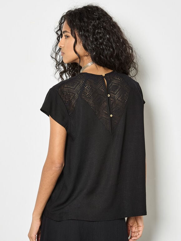 Crochet Insert T-Shirt, Black, large