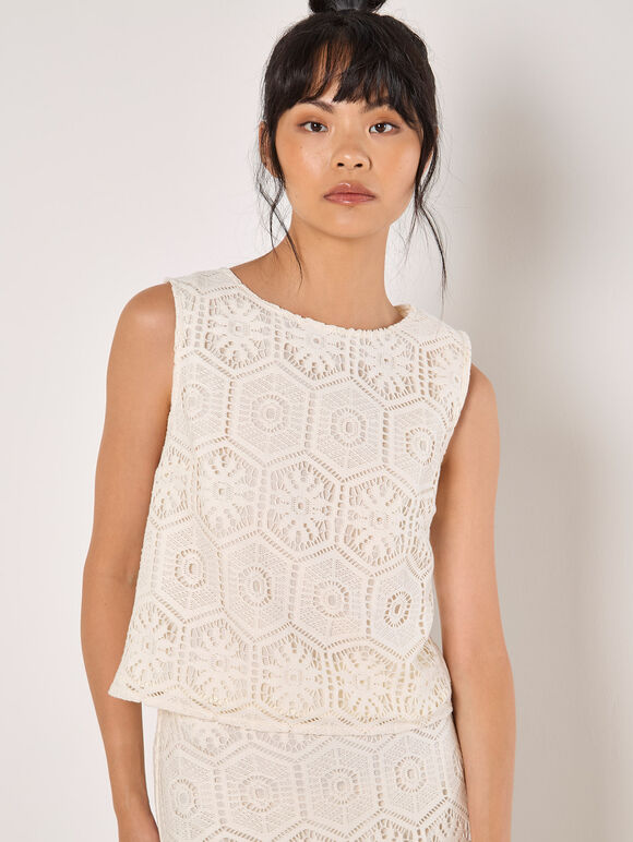 Crochet Lace Tile Shell Top, White, large