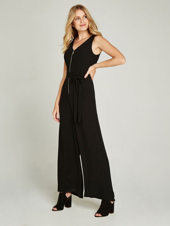 Black Zipper Belted Jumpsuit, Black, large