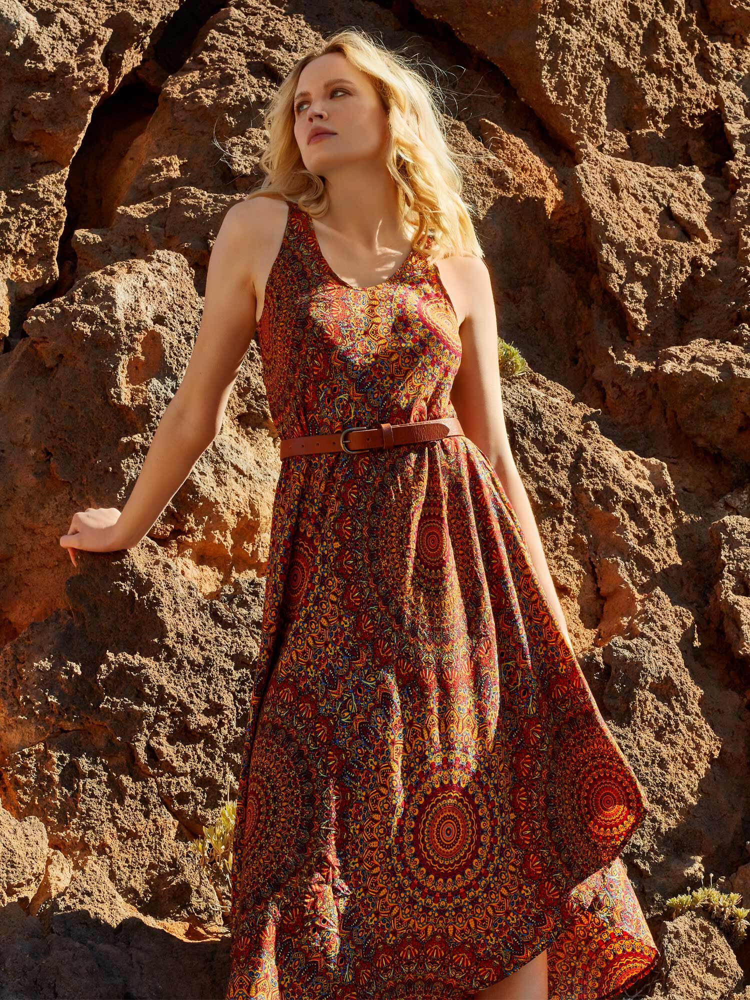 Moroccan Mandala Midi Dress Apricot Clothing