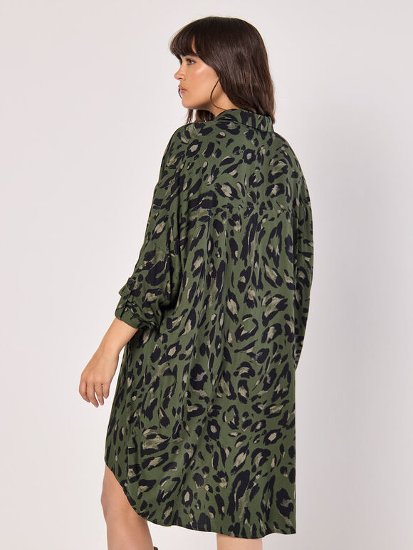 Cheetah Oversized Shirt Mini Dress, Khaki, large