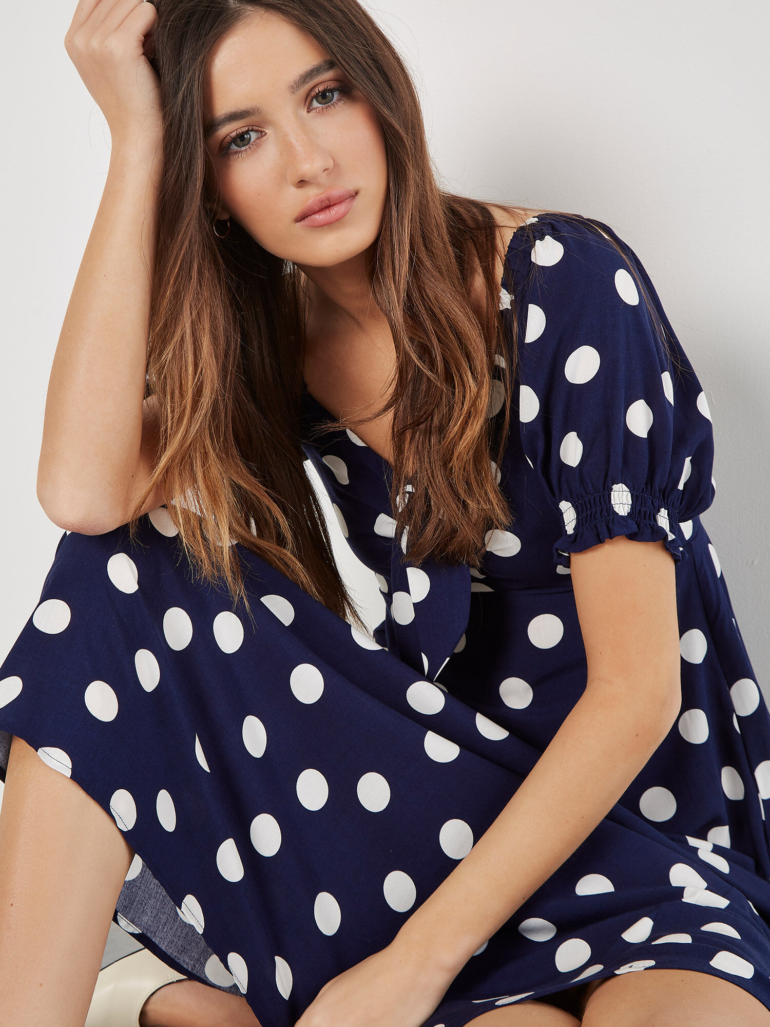 Polka Dot Bow Detail Midi Dress Apricot Clothing