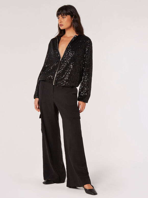 Sequins Bomber Jacket, Black, large